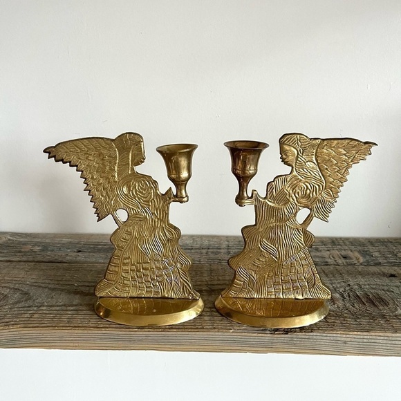 Brass angel candlestick set of two - Picture 2 of 6